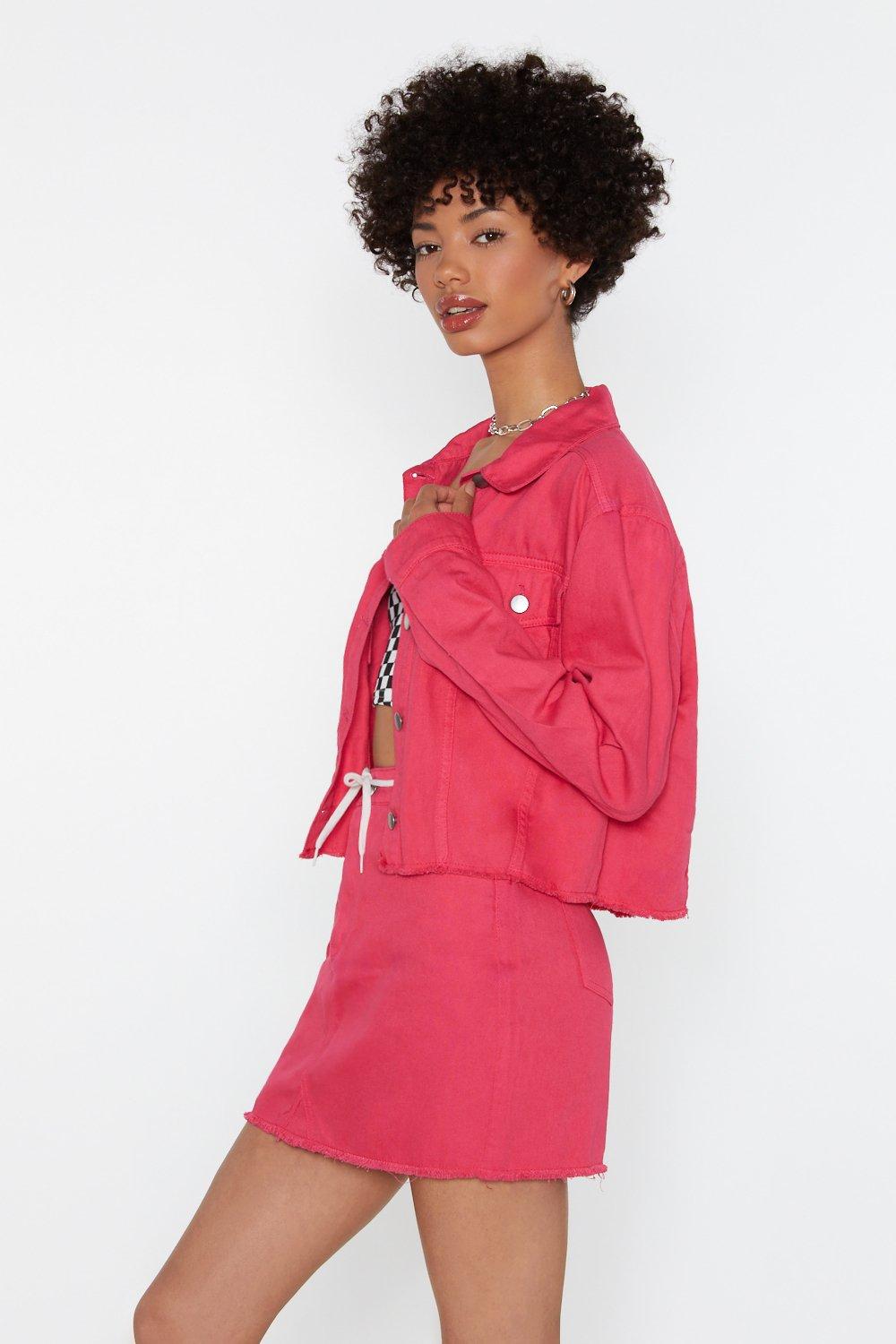 Pink denim jacket deals and skirt set